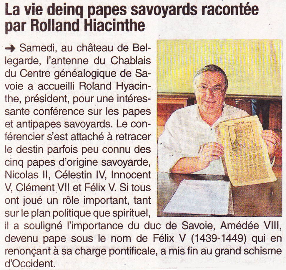Article du Dauphiné Libéré sur la conférence « Papes et Antipapes savoyards », par Roland Hyacinthe, président du C.G.S.