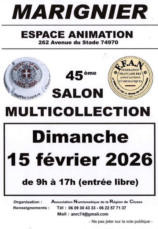 45e Salon Multicollection, dimanche 15 février 2026, Espace Animation, 262 Avenue du stade, Marignier